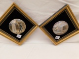 ARTWORK, SET OF 2, ANTIQUE POT LIDS FRAMED ON VELVET WITH GOLD FRAMES. 8.25