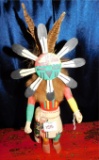 KACHINA DOLL, FUR & FEATHER HEAD DRESS, WOODEN, NO SIGNATURE, FEATHER DESIG