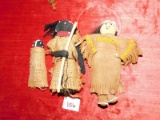 3 INDIAN DOLLS; 1 MADE OF BURLAP & CLOTH, WITH  BEADS, REAL HAIR ON THE DOL