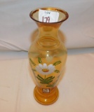 VCELNICKA GLASS VASE BY BOHEMIA HAND PAINTED FLORAL DESIGN, MEASURES 8 1/2