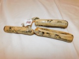 SET OF 3 ANTLER PIECES WITH PRIMITIVE HUNTING SCENES ON EACH ONE, MEASURES