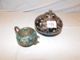 HAND PAINTED ENAMEL ON METAL TEAPOT & COVERED JAR, MEASURES 4 1/4