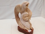 ALABASTER CARVING BY ELK WOMAN OF AN EAGLE WITH AN INDIAN WOMAN, MEASURES 1
