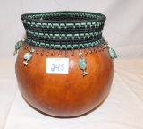 GOURD BOWL MADE WITH REED, IRISH WAXED LINEN THREAD, OBSIDIAN, AND TURQUOIS