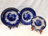 EARLY IRONSONE FLOW BLUE PIECES SET OF 3; BOWL IS A CHIN-C  HADDOCK STONE C