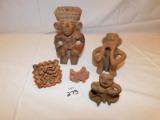 5 OLD CLAY FIGURINES & FOOD PRESSES, LARGEST ONE MEASURES 5 1/4