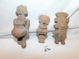 3 CLAY FIGURINES, ALL FULL BODIED, ONE WITH POT, ONE WITH BOWL. FROM 5