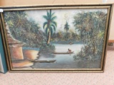 OIL ON CANVAS BY R A FONY, SCENE OF A LAKE WITH CANOES &  A HUT, MEASURES 2