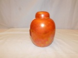 RUSKIN GINGER JAR WITH LID DATED 1946 ORANGE IN COLOR #1914 STAMPED ON BOTT