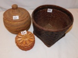 WOVEN BASKETS SET OF 3, 2 WITH LIDS  SMALL BASKET IS A MOHAWK BASKET MADE I