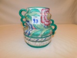 CROWN DUCAL PORCELAIN  DOUBLE HANDLED POT,  TEAL WITH FLOWERS, 5.5