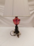 LAMP, 2 FT TALL CRANBERRY GLASS WITH MARBLE BASE