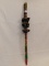 CEREMONIAL STICK:   MADE OF WOOD & HOOVES, CARVED DESIGN, PAINTED RED & GRE