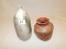 VASES ,PAIR, OLD POTTERY, HAND MADE.   BROWN IN COLOR ON THE ONE WITH DESIG