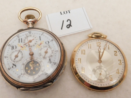 POCKET WATCHES, 2; WALTHAM & NO NAME ON OTHER BUT HAS YEAR DIAL, SECOND HAN