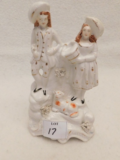 STAFFORDSHIRE FIGURE MAN & LADY WITH A SHEEP AT THE FEET MEASURES 8.5" TALL