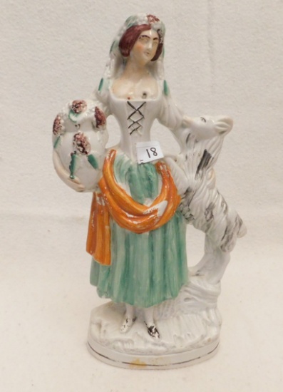 STAFFORDSHIRE FIGURINE OF LADY & DOG;  MEASURES 15" TALL.  SEE PHOTOS OF IM