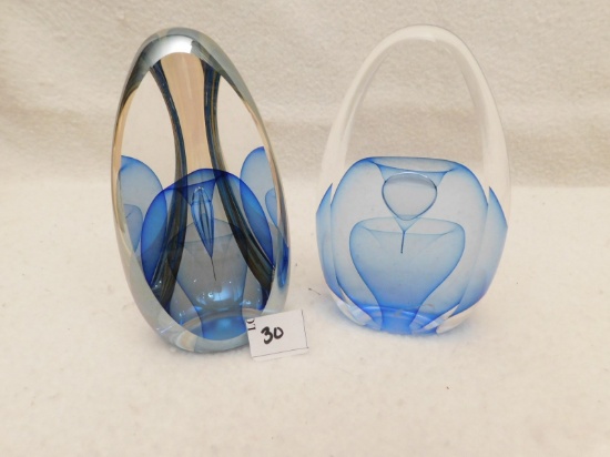 PAPER WEIGHTS, PAIR,  SIGNED ON BOTTOM  "PA ART 98," BLUE IN COLOR.  MEASUR