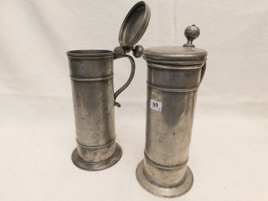 PAIR PEWTER BEER STEINS; OTT BRACKER 1767 DATED ON SIDE; ETCHED JOHAN BURME