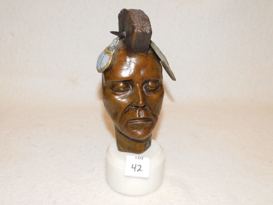 BRONZE INDIAN BUST  ON MARBLE BY HEATHER S. 1987, MEASURES 9" TALL