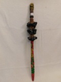 CEREMONIAL STICK:   MADE OF WOOD & HOOVES, CARVED DESIGN, PAINTED RED & GRE