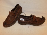 SHOES:  ANIMAL SKIN SHOES, BROWN IN COLOR, METAL BUCKLE & DECORATIVE METAL