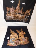 PAINTED CLOTH PIECES; ONE IS OF 2 ORIENTAL FIGURES PLAYING INSTRUMENTS; OTH