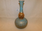 BUD VASE:   BLUE IN COLORE WITH GOLD DESIGN. STAMPED ON BOTTOM AS SHOWN IN
