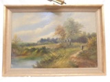 PAINTING:   ON BOARD.  BY R. PERRY.  SCENE OF A LADY WALKING DOWN A PATH NE