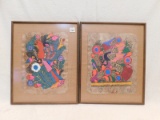 PAINTING:  PAIR OF BIRDS ON DIPPED HAND-MADE PAPER, FRAMED, MEASURES 14 3/4