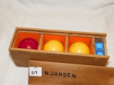 BILLIARD POOL BALLS:   IN WOODEN CASE; BELIEVED TO BE FOR TRICK SHOTS; 1 RE