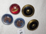 SHOE CLIPS:  FIVE TOTA. , 2 UNDER GLASS WITH HORSE HEAD, 1 RED UNDER GLASS