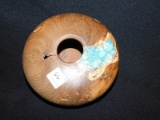BOWL:  WOODEN BOWL/VASE WITH APPLIED TURQUIOSE.  MARKED ON THE BOTTOM MESQU