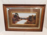 PAINTING  ON PORCELAIN OF A LAKE, BEAUTIFULLY DOUBLE FRAMED.  SIGNED ANTHON