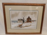 PRINT, IN COLOR, BY ED GIFFORD, '85 ,SCENE OF A  FARM HOUSE IN THE SNOW, ME