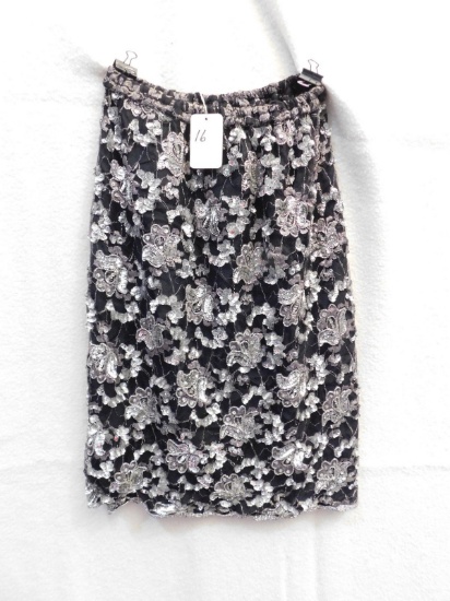 SKIRT:  SEQUIN & BEADED SKIRT, FLOWER PATTERN,  BLACK & GRAY, JUDITH ANN DE