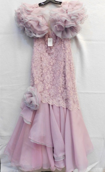 GOWN:  FORMAL, GARFINKEL'S, V NECK, SEQUINS BEADED,  LAVENDER & GRAY,  ROSE