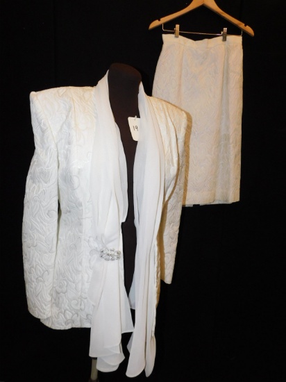 JACKET & SKIRT:   WHITE, 2 PIECE,  SAUL KAPILIVSKY  DESIGN, SIZE 12,  BROCA