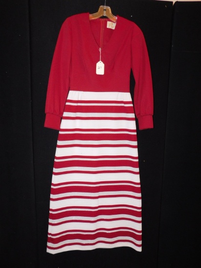 DRESS:   FLOOR LENGTH, CRANBERRY/WHITE/SILVER BY PLU, 53" IN LENGTH, 13.5"