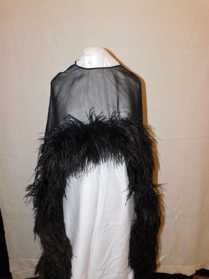 SHAWL:  BLACK FEATHERS COMBINED  WITH SHEER MATERIAL (SEE PHOTO), SHORT IN