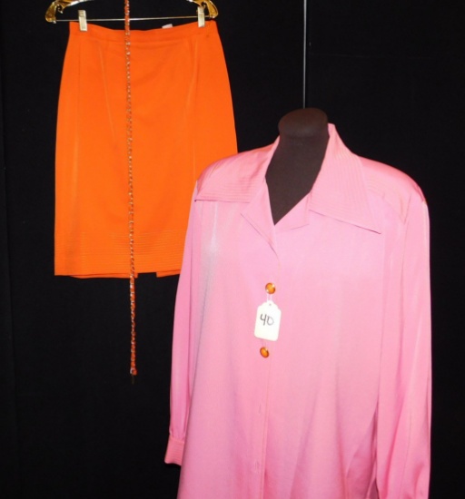 BLOUSE/SKIRT SET:  PSI COUTURE, SIZE 12 .  PINK BLOUSE WITH ORANGE THREAD T