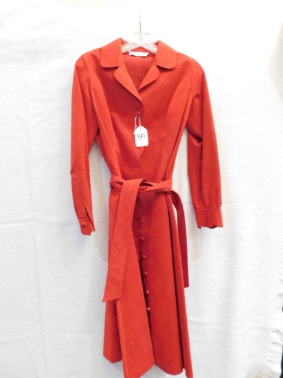 COAT:    BY R JABBOUR & SONS NEW YOR .  RED, LONG, SUEDE,  BELTED, BUTTON F