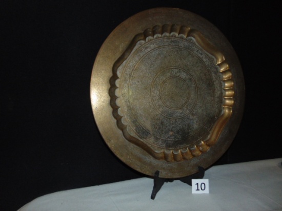 BRASS PLATE, 19" ROUND, SCALLOPED EDGE, 15" AROUND, ENGRAVED PLATE (AQUIRED
