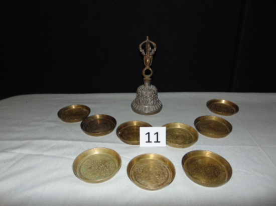 9 COASTERS & BRASS BELL, SILVER IN COLOR, MEASURES 7.5" TALL, 3" AROUND COA