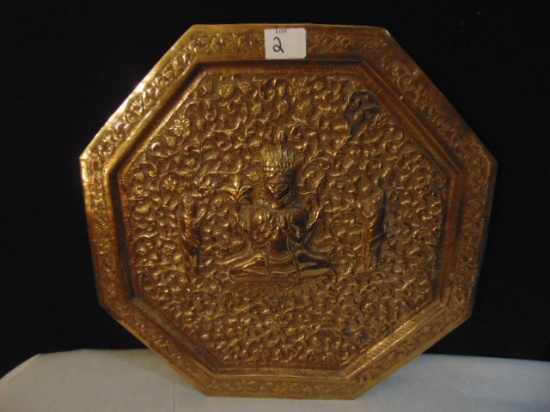 BRASS TRAY, NEW DELHI, OCTAGON SHAPED, 16", 1950'S, MEDITATING PERSON IN CE