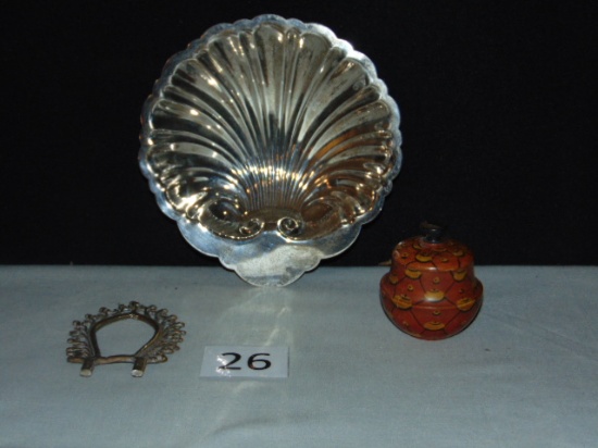 SHELL DISH, UNMARKED, BRASS, ORNAMENTAL PIECE & STAMP BOX