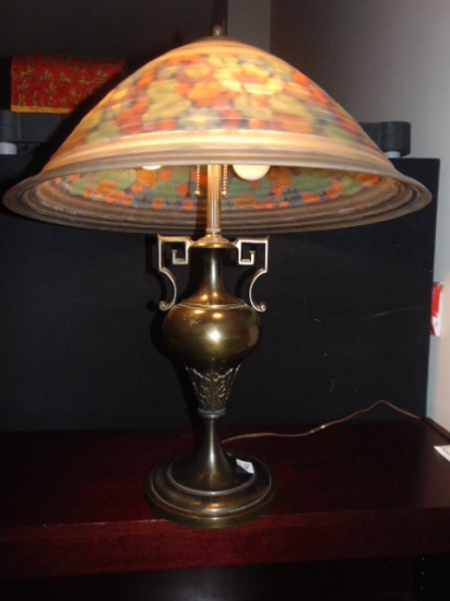 LAMP, 24" TALL, DOUBLE-HANDLED URN BASE WITH REVERSE PAINTED FLORAL SHADE,