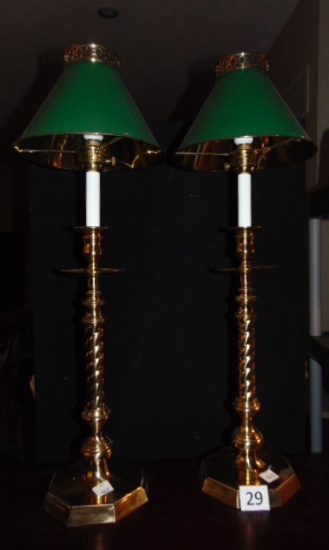 BRASS CANDLE STICK LAMPS, PAIR, TWISTED CENTER, GREEN TIN SHADES, MEASURES