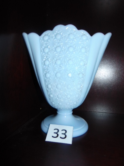 BLUE MILK-GLASS FAN VASE, 8" TALL, 9" WIDE