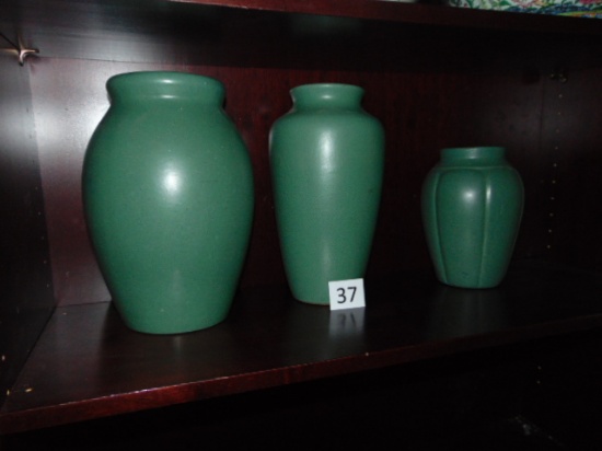 VASES:   SET OF 3, POTTERY:  MARKED 786, GREEN IN COLOR:  MARKED 37 ON BOTT